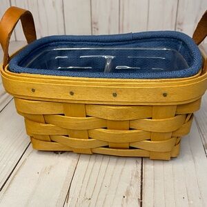 Longaberger Small Tan Basket with Blue Liner, Clear Divider, and Leather Handles